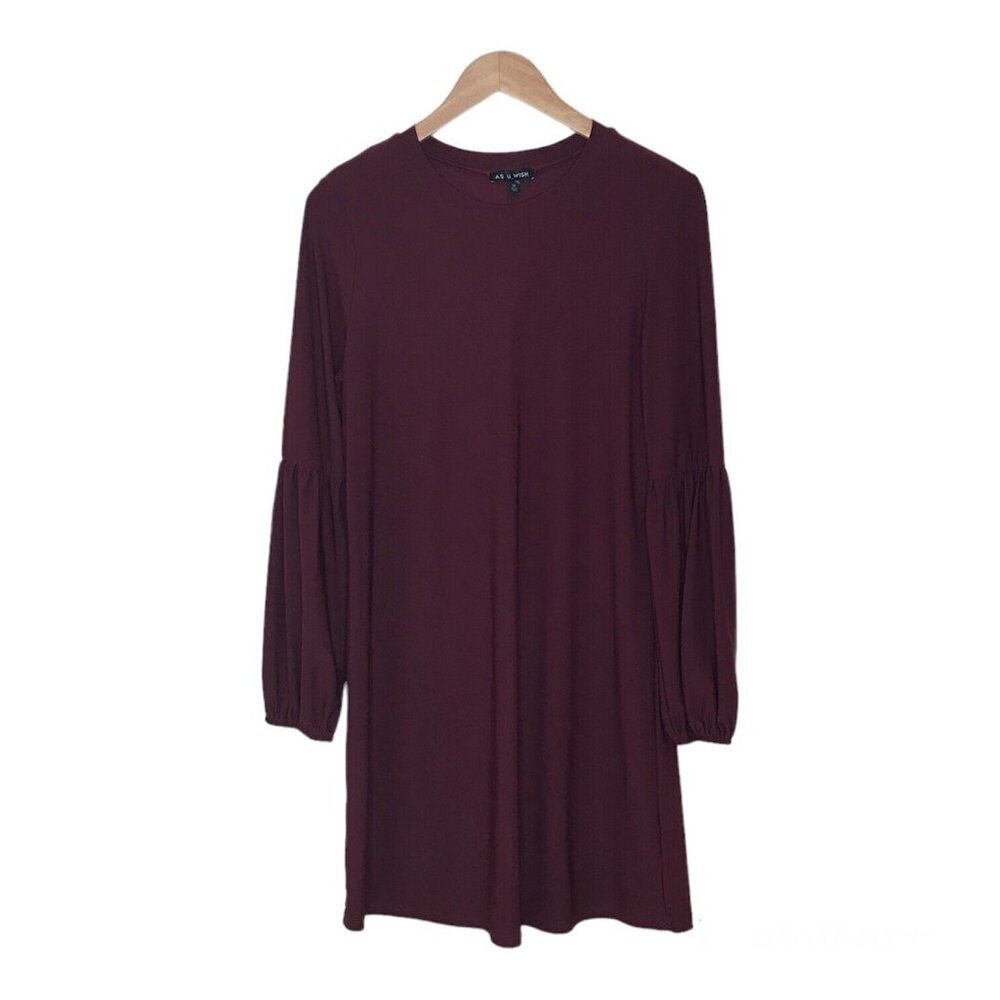 AS U WISH Womens Size M Shift Dress Slip On Balloon Sleeve Straight Wine Stretch